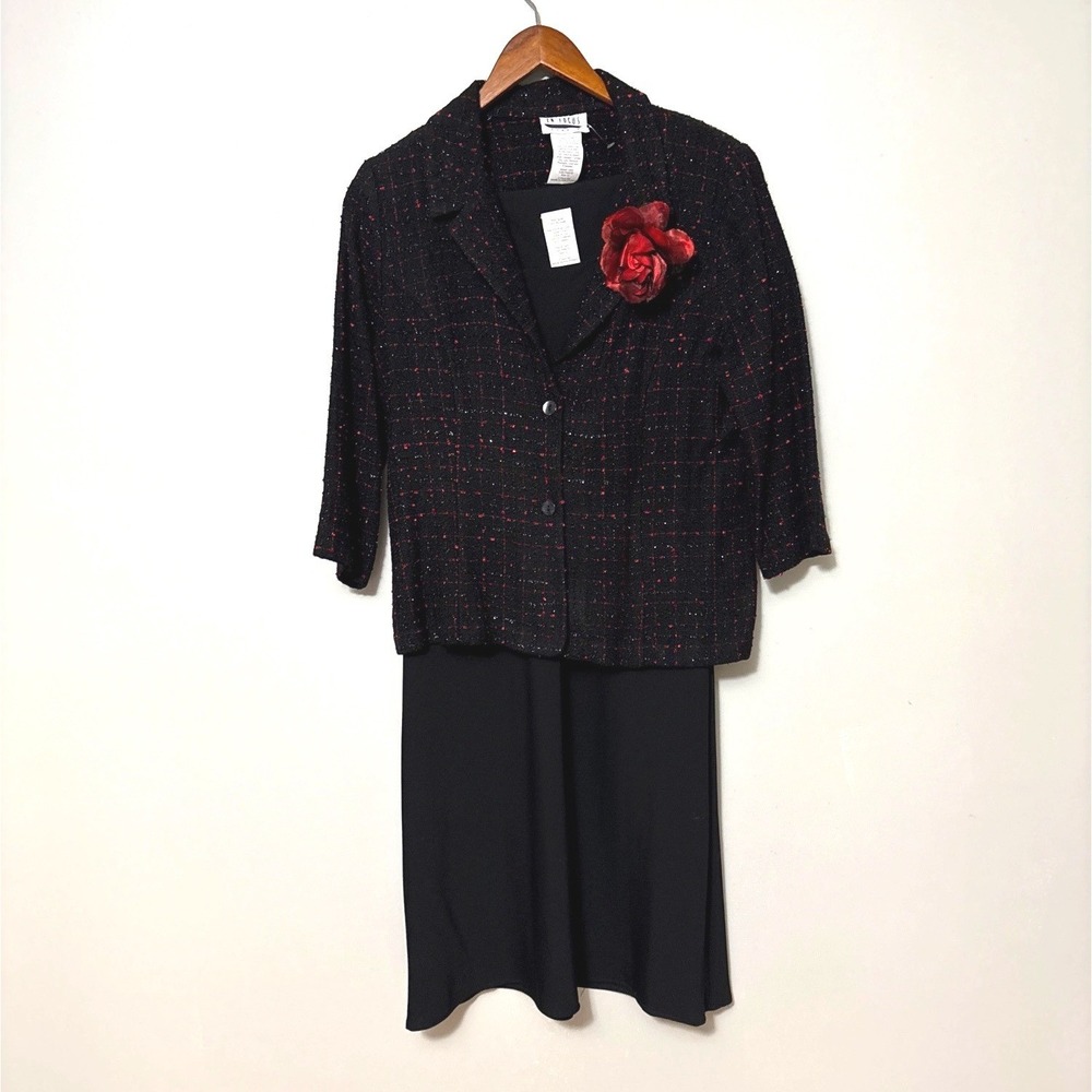 En Focus Studio Black Dress & Tweed Jacket Set W/ Red Flower Accent Size 14